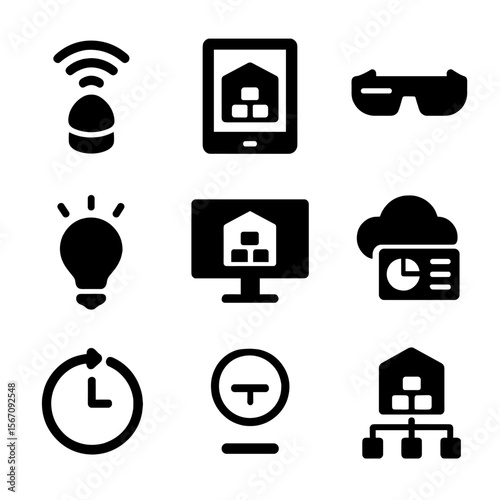Smart Warehouse Icons. Solid, filled icon set of smart warehouse technologies: IoT sensor, mobile tablet, AR glasses, digital twin