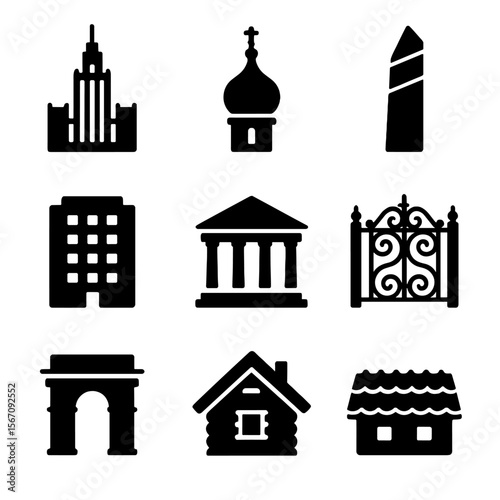 Moscow Architecture Icons. Solid, filled icon set of Moscow architecture: Stalinist skyscraper, Orthodox dome, glass tower, Soviet