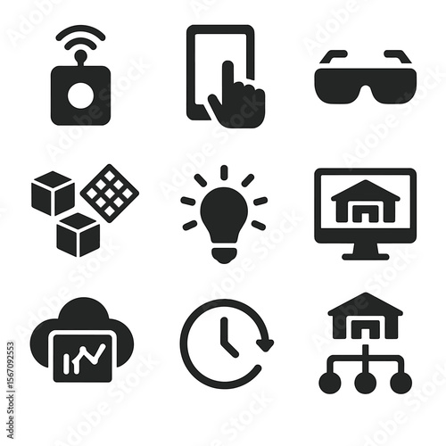 Smart Warehouse Icons. Solid, filled icon set of smart warehouse technologies: IoT sensor, mobile tablet, AR glasses, digital twin