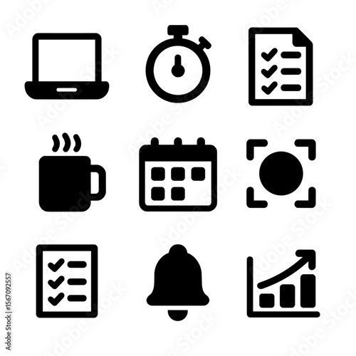 Productivity Tools Icons. Solid, filled icon set of productivity enhancement tools: laptop, timer, checklist, coffee mug, calendar