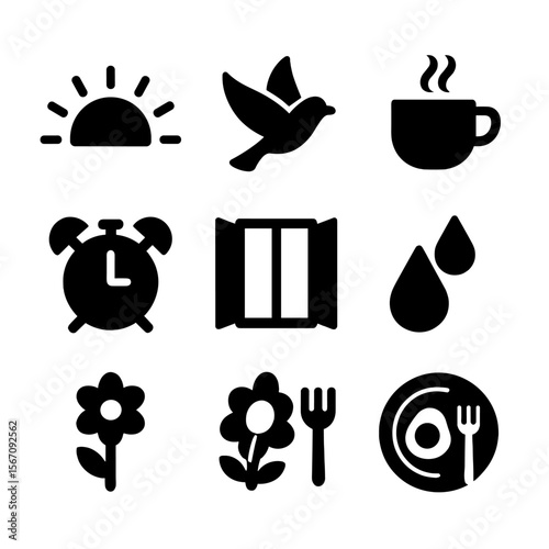 Morning Icon Set. Solid, filled icon set of morning sunshine: rising sun, sun rays, bird flying, coffee cup, alarm clock, open