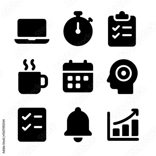 Productivity Tools Icons. Solid, filled icon set of productivity enhancement tools: laptop, timer, checklist, coffee mug, calendar