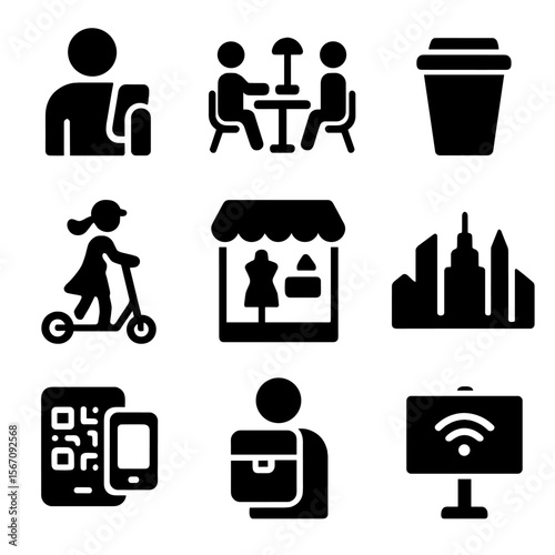Moscow Urban Icons. Solid, filled icon set of modern Moscow life: smartphone user, coworking space, street coffee cup, e-scooter