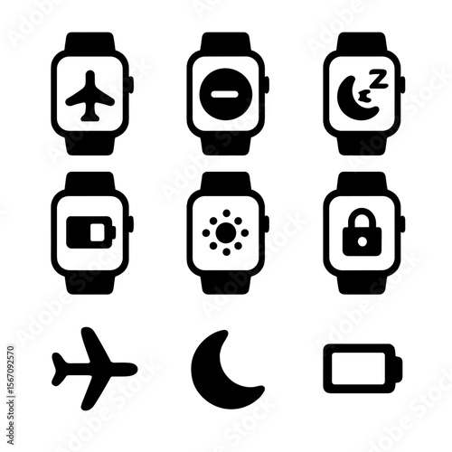 Smartwatch Energy Icons. Solid, filled icon set of smartwatch energy saving modes: airplane mode, do not disturb, sleep mode, low