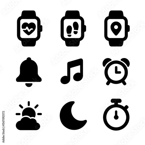 Smartwatch Feature Icons. Solid, filled icon set of smartwatch features: heart rate monitor, step counter, GPS, notification bell,