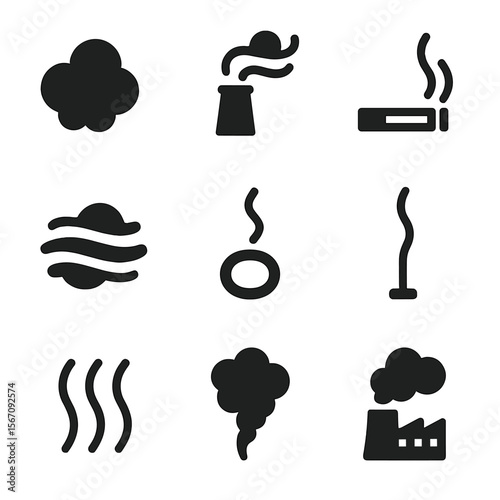 Smoke Icon Set. Solid, filled icon set of smoke: smoke puff, chimney, cigarette smoke, fog, mist, smoke ring, incense smoke, steam