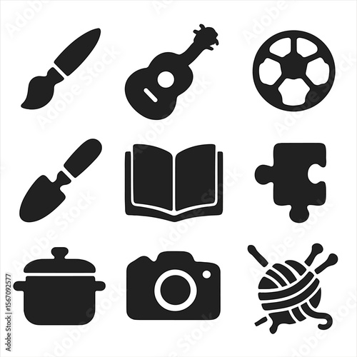 Hobby Icons Grid. Solid, filled icons set of hobby group introductions: paintbrush, guitar, soccer ball,