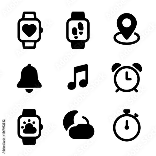 Smartwatch Feature Icons. Solid, filled icon set of smartwatch features: heart rate monitor, step counter, GPS, notification bell,