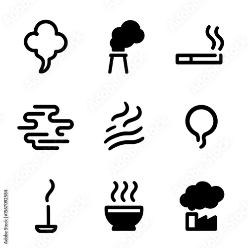 Smoke Icon Set. Solid, filled icon set of smoke: smoke puff, chimney, cigarette smoke, fog, mist, smoke ring, incense smoke, steam