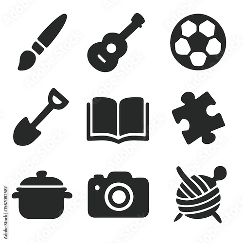 Hobby Icons Grid. Solid, filled icons set of hobby group introductions: paintbrush, guitar, soccer ball,