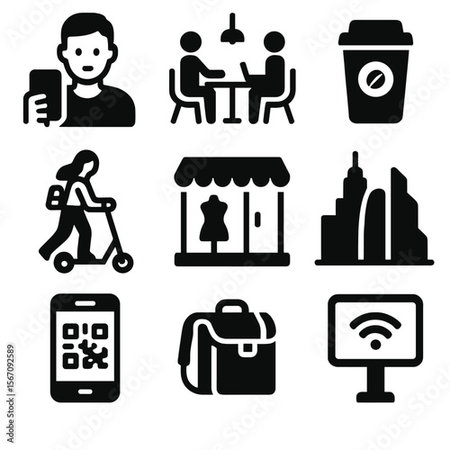 Moscow Urban Icons. Solid, filled icon set of modern Moscow life: smartphone user, coworking space, street coffee cup, e-scooter