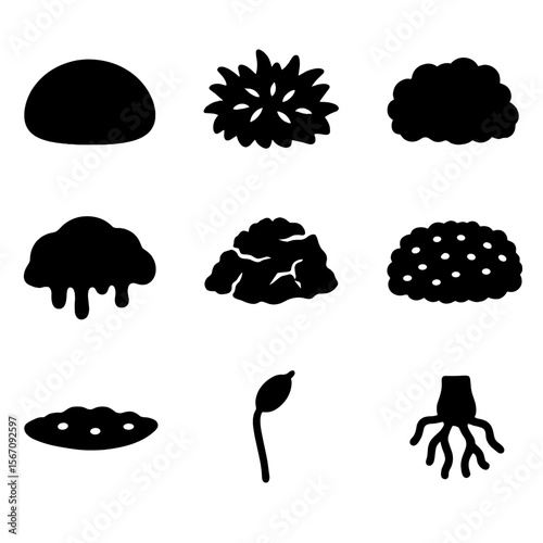 Moss Texture Icons. Solid, filled icon set of moss textures: soft cushion, leafy moss, fuzzy patch, wet moss, dry moss, dense
