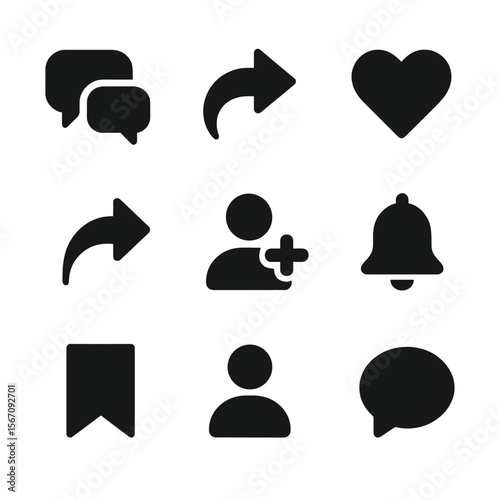 Social Media Icons. Solid, filled icon set of blog post interaction: comment thread, reply arrow, like heart, share icon, follow