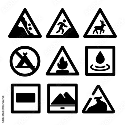 Mountain Safety Icons. Solid, filled icon set of Mountain environment signs: avalanche warning, slippery slope, wildlife crossing,