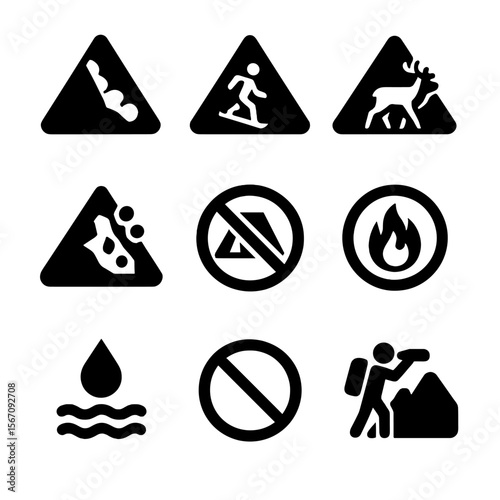Mountain Safety Icons. Solid, filled icon set of Mountain environment signs: avalanche warning, slippery slope, wildlife crossing,
