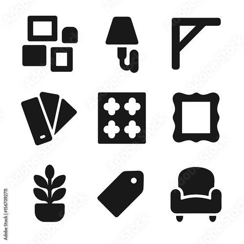 Home Decor Icons. Solid, filled icons set of home decor integration for heritage walls: gallery wall, sconce
