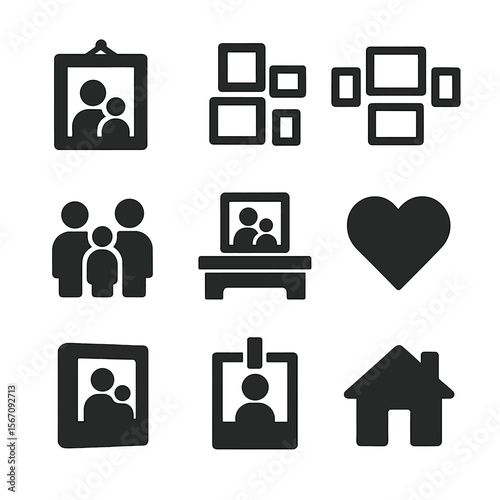 Home Decor Icons. Solid, filled icons set of personalizing home decor with family photos: picture frame, photo