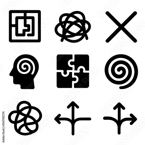 Puzzle Icon Grid. Solid, filled icon set of puzzles and tangled logic: maze of lines, complex web, crossing paths, intertwined
