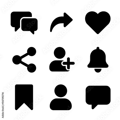 Social Media Icons. Solid, filled icon set of blog post interaction: comment thread, reply arrow, like heart, share icon, follow