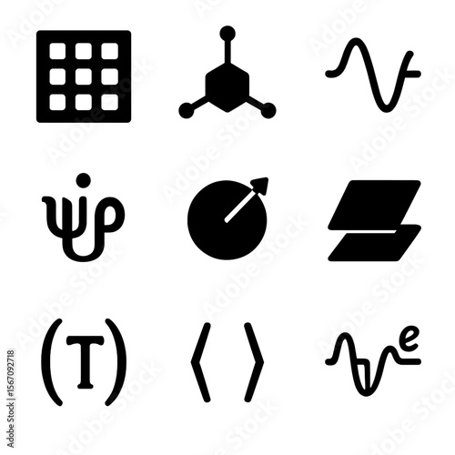 Quantum Mathematics Icons. Solid, filled icon set of quantum mathematics: matrix, tensor, wave equation, probability amplitude,