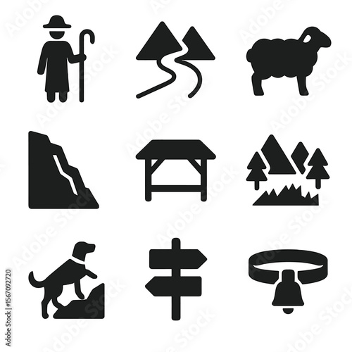 Mountain Herding Icons. Solid, filled icon set of mountain herding: shepherd with crook, mountain path, alpine sheep, rocky cliff,