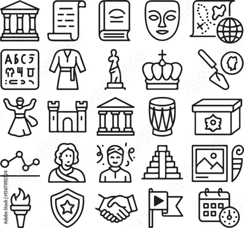A collection of black outline icons representing history culture and education including a museum scroll book mask map alphabet robe statue crown trowel castle drum chest graph person pyramid painting