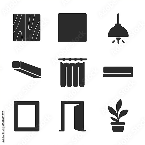 Home Design Icons. Solid, filled icons set of home design elements: wooden floor, neutral wall, pendant light,