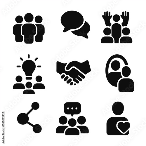 Social Behavior Icons. Solid, filled icon set of social behavior patterns: group of people, speech bubbles, crowd wave, shared