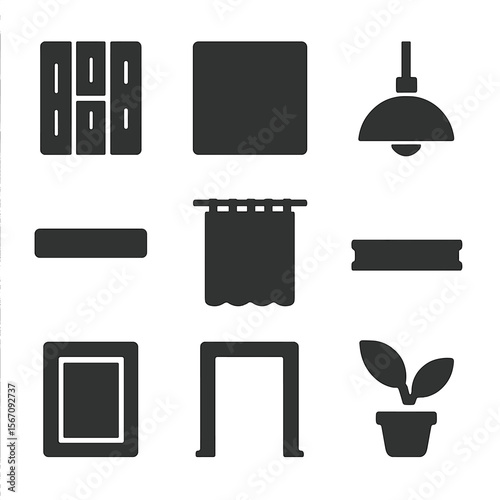 Home Design Icons. Solid, filled icons set of home design elements: wooden floor, neutral wall, pendant light,