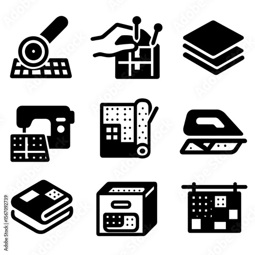 Quilting Process Icons. Solid, filled icon set of Quilting stages: fabric cutting, pinning, layering, stitching, binding, ironing,
