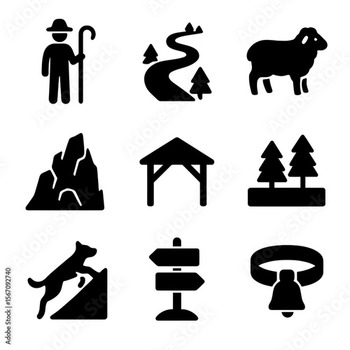 Mountain Herding Icons. Solid, filled icon set of mountain herding: shepherd with crook, mountain path, alpine sheep, rocky cliff,