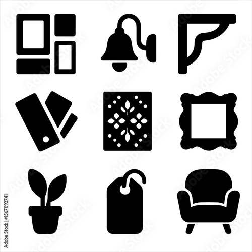 Home Decor Icons. Solid, filled icons set of home decor integration for heritage walls: gallery wall, sconce