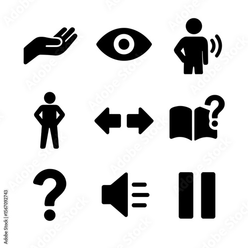 Public Speaking Icons. Solid, filled icon set of public speaking techniques: open hand gesture, eye contact, clear voice icon,