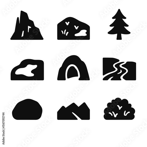 Mountain Habitat Icons. Solid, filled icon set of mountain animal habitats: rocky cliff, alpine meadow, pine tree, snow patch,