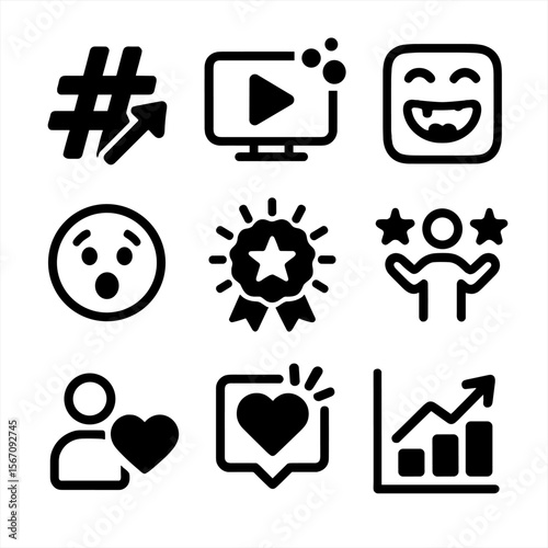 Social Media Icon Grid. Solid, filled icon set of social media trends: trending hashtag, viral video, meme, reaction emoji, new
