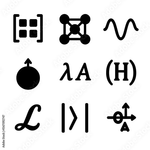 Quantum Mathematics Icons. Solid, filled icon set of quantum mathematics: matrix, tensor, wave equation, probability amplitude,