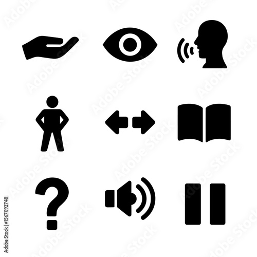 Public Speaking Icons. Solid, filled icon set of public speaking techniques: open hand gesture, eye contact, clear voice icon,