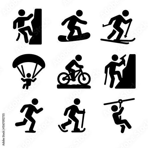 Mountain Sports Icons. Solid, filled icon set of mountain sports: rock climbing, snowboarding, skiing, paragliding, mountain
