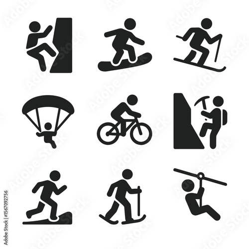 Mountain Sports Icons. Solid, filled icon set of mountain sports: rock climbing, snowboarding, skiing, paragliding, mountain