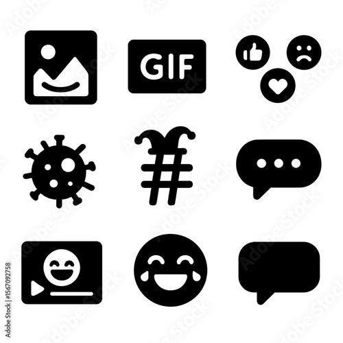 Social Media Humor Icons. Solid, filled icon set of social media humor: meme, GIF play button, emoji reactions, viral video, funny