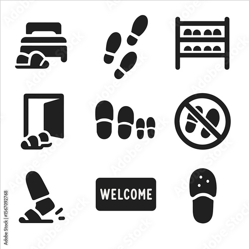 Home Footwear Icons. Solid, filled icons set of home footwear routines: slippers by bed, footstep trail,