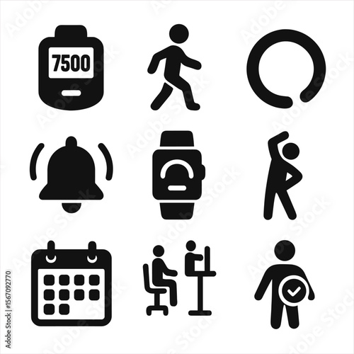 Movement Tracking Icons. Solid, filled icon set of daily movement tracking: pedometer, step goal icon, move reminder, progress