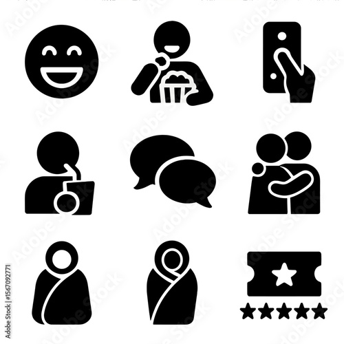 Movie Night Icons. Solid, filled icon set of movie night activities: laughing face, popcorn eating, remote pressing, drink sipping