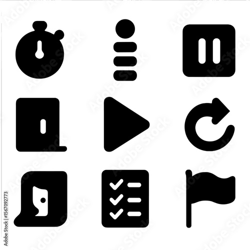 Quiz Progression Icons. Solid, filled icon set of quiz progression: timer, step counter, pause button, play button, refresh icon,