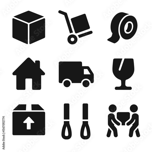 Moving Icons Grid. Solid, filled icon set of moving and relocation: moving box, dolly cart, packing tape, house icon, moving truck