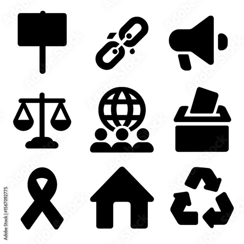 Societal Issues Icons. Solid, filled icon set of societal issues: protest sign, broken chain, megaphone, scales of justice, globe