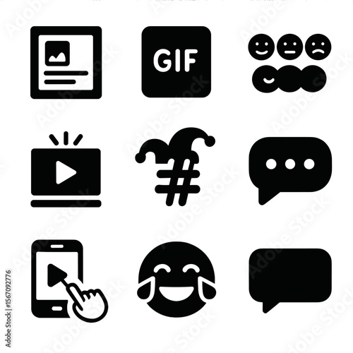 Social Media Humor Icons. Solid, filled icon set of social media humor: meme, GIF play button, emoji reactions, viral video, funny