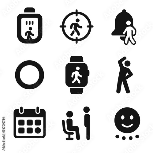 Movement Tracking Icons. Solid, filled icon set of daily movement tracking: pedometer, step goal icon, move reminder, progress