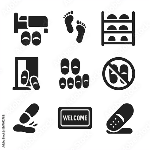 Home Footwear Icons. Solid, filled icons set of home footwear routines: slippers by bed, footstep trail,