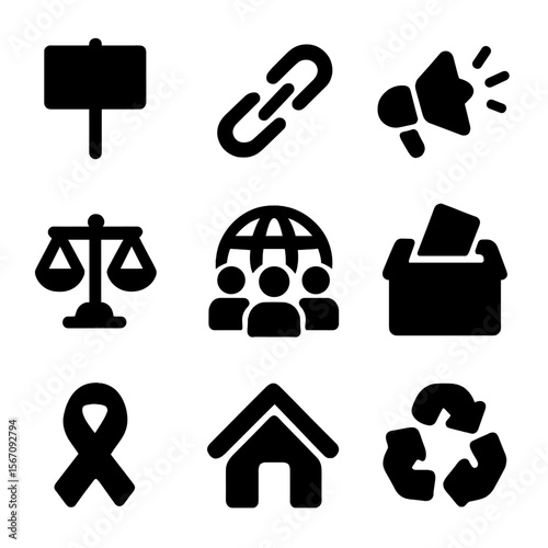 Societal Issues Icons. Solid, filled icon set of societal issues: protest sign, broken chain, megaphone, scales of justice, globe